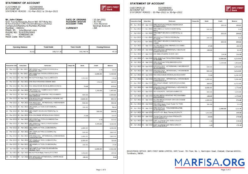 Downloadable India IDFC First bank statement word 2 pages real example